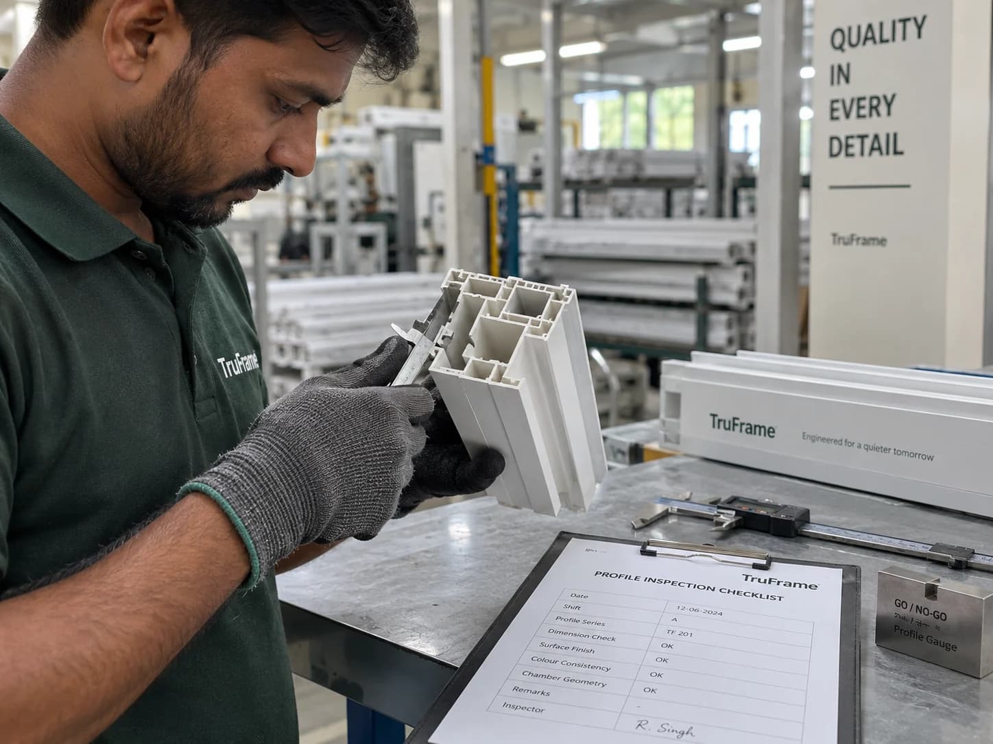 Technician inspecting a TruFrame uPVC profile.